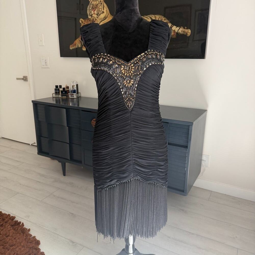 Sue Wong Nocturne Y2K Whimsey Goth Beaded Fringe Dress Size 8